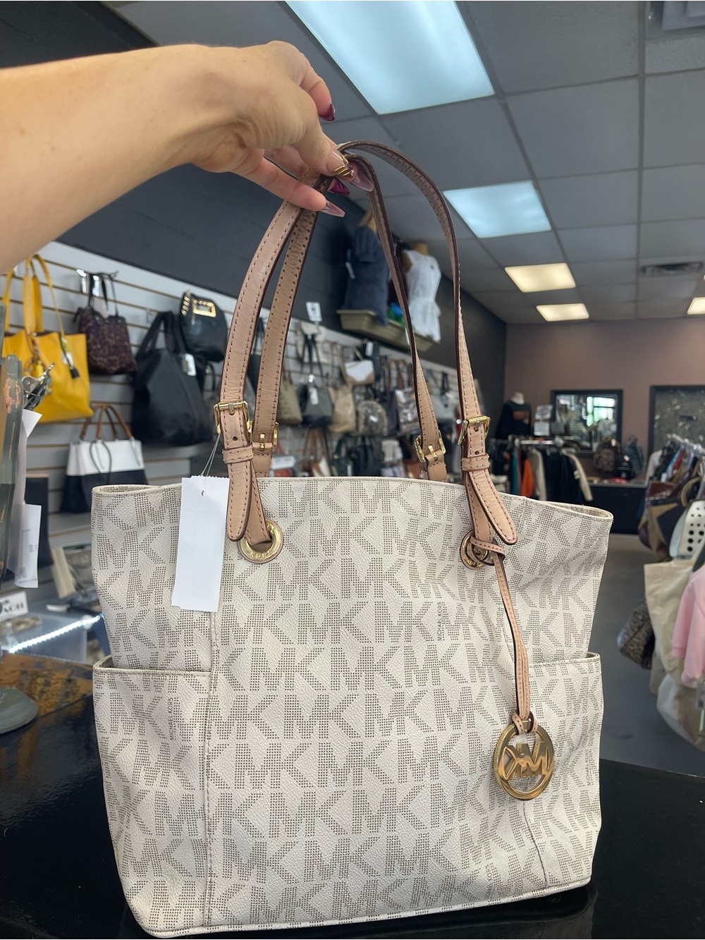 Michael Kors Cream Signature MK Tote with Tan Leather Handles